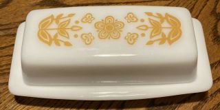 Vintage Pyrex Covered Butter Dish Harvest Gold Butterfly Flowers Milk Glass