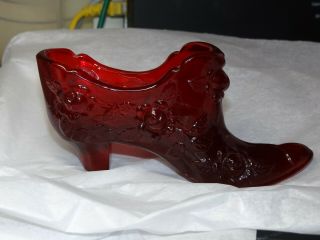 Vintage Fenton Ruby Red Glass Cabbage Rose Shoe Slipper Boot W/ Partial Sticker