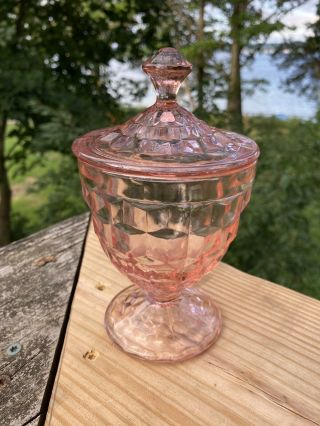 Vintage Jeannette Depression Glass Pink Cubist Footed Candy Dish With Lid