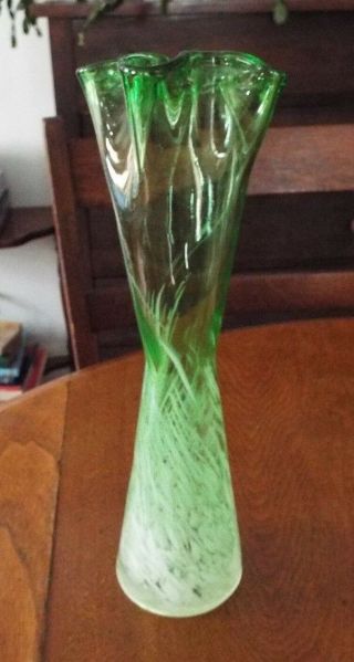 Vintage & Collectible 12.  5 " Green Depression Glass Vase With White Swirls
