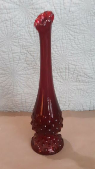 Vintage Fenton Ruby Red Hobnail Glass Swung Bud Vase 9.  50