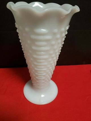 Vintage White Milk Glass Vase Hobnail Trumpet Flute Pedestal 9.  5 