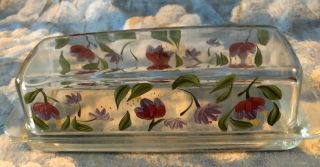 Pretty Hand Painted Flowers Glass Covered Butter Dish
