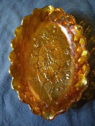 Vtg Imperial Glass Pansy Marigold Carnival Glass 9 " Oval Crimped Pickle Dish