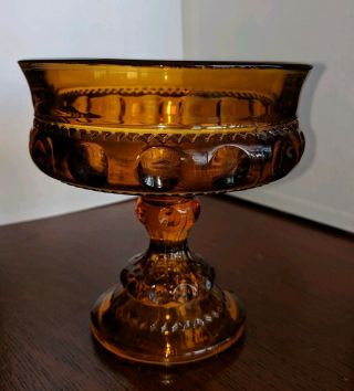 Vtg 5.  5 " Indiana Amber Carnival Glass Thumbprint Kings Crown Compote Candy Dish