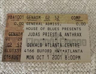Judas Priest Anthrax Concert Ticket Stub 2001 Metal Atlanta Georgia House Blues