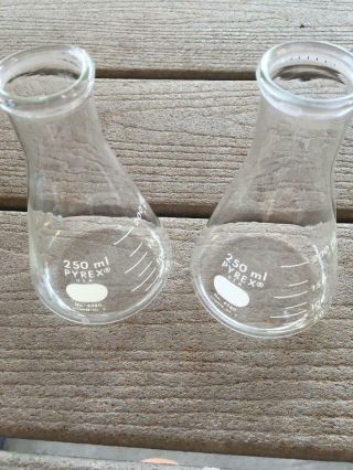 Two,  Pyrex Lab Glass Beaker Flask No.  4980 250 Ml Graduated Erlenmeyer
