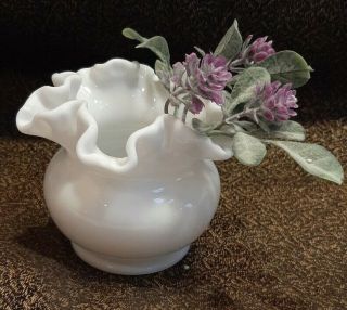 Vintage Fenton Ruffle Edge White Milk Glass Vase,  3 ",  Ball Shape