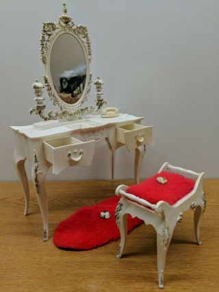 Vintage Barbie Susy Goose White Vanity With Mirror Stool Seat Rug Set