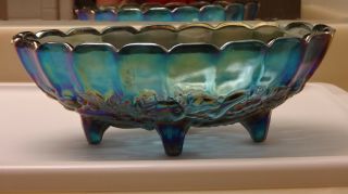 Vintage Iridescent Blue Indiana Carnival Glass Oval Harvest Grape Bowl - Footed