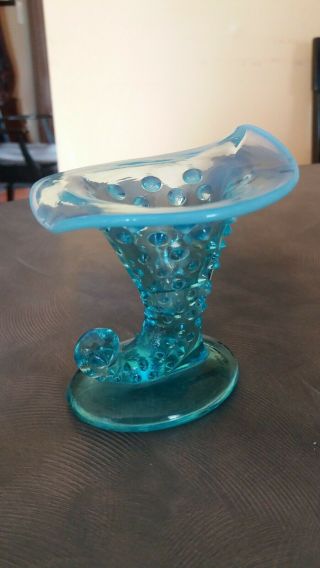 Vintage Fenton Blue Opalescent Hobnail Glass 3 1/2 " Cornucopia Vase