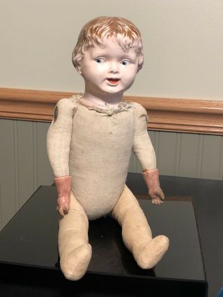 Antique M.  T.  Co Modern Toy Company Composition Head Hands Doll Straw Stuffed 16”