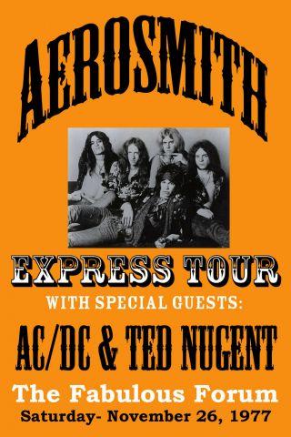 Rock: Aerosmith With Ac/dc & Ted Nugent At L.  A.  Forum Poster 1977 12x18