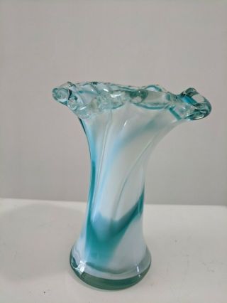 Small Vintage White And Teal Glass Vase With Crimped Rim