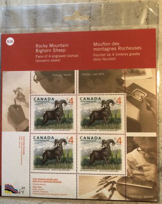 Canada Post Rocky Mountain Bighorn Sheep Pane Of 4 Engraved Stamps Souvenir