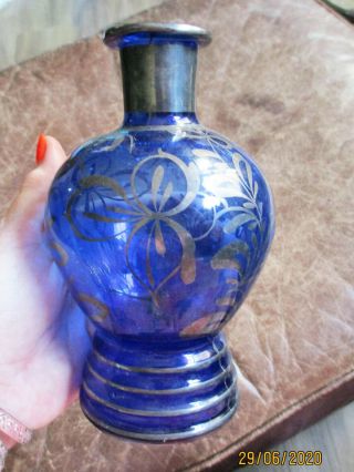 Antique Cobalt Blue & Silver Overlay Art Glass Vase 6.  25in