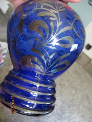 ANTIQUE COBALT BLUE & SILVER OVERLAY ART GLASS VASE 6.  25in 3