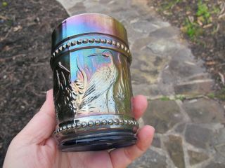 Antique Dugan Stork & Rushes Art Carnival Glass Water Set Tumbler Blue Beaded