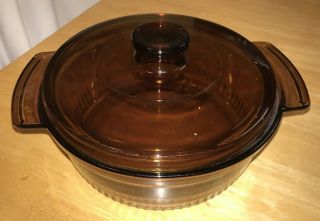 Vtg Anchor Hocking Amber Brown 2 Qt Ribbed Bottom Round Casserole 1438 W/lid