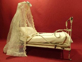 Darling Antique Metal Doll Bed With Lace Canopy For Bisque Porcelain Baby
