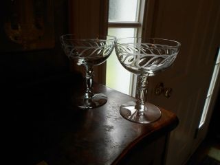 2 Antique Crystal Champagne Sherbet Glasses Stems Goblets Etched Carved Tiffin