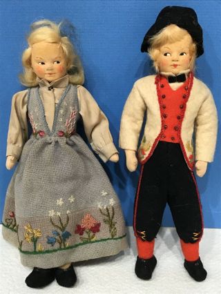2 Antique Dolls Cloth Body Delicate Hand Painted Face Human Hair Detail Costumes