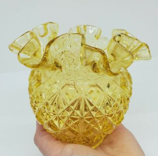 Vintage Fenton Art Glass Diamond Point Yellow Round Vase Ruffled Edge Ball Type