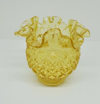 Vintage Fenton Art Glass Diamond Point Yellow Round Vase Ruffled Edge Ball Type 2