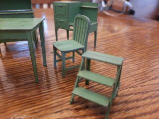 9 Pc Tootsie Toy Dollhouse Kitchen Green Stove Hoosier Chairs Table Fridge Stool 3