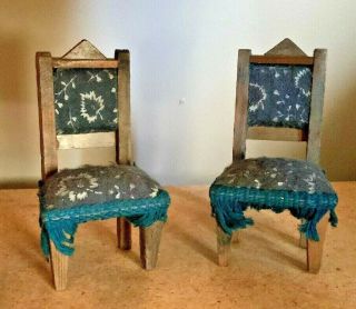 Antique Miniature Doll House German Chair Set Blue Fabric