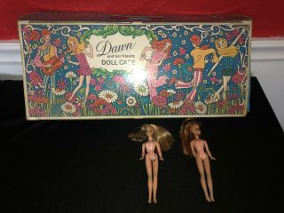 Vintage 1970s Dawn & Her Friends Doll Carrying Case (long) & 2 1970 Topper Dolls