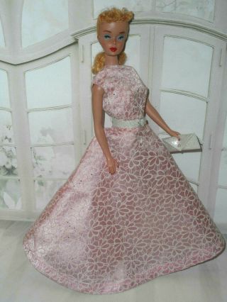 Vintage Barbie Clone Premier Pink Satiny Flocked Flower Gown Crystal Belt Purse