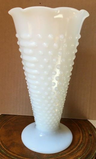 Vintage Anchor Hocking Hobnail Milk Glass Footed Ruffled Vase,  Large,  Pretty