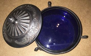 Vintage Cobalt Blue Glass And Silver Plate Small Covered Dish