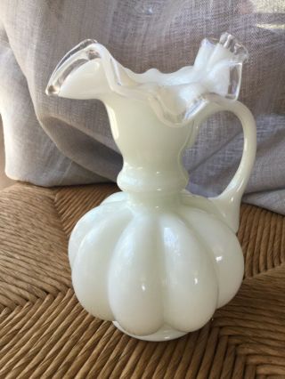 Vintage Fenton White Milk Glass Ruffled Edge Vase Pitcher With Handle