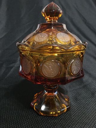 Vintage Fostoria 8.  5 " Footed Amber Coin Glass Covered Candy Dish / Wedding Bowl
