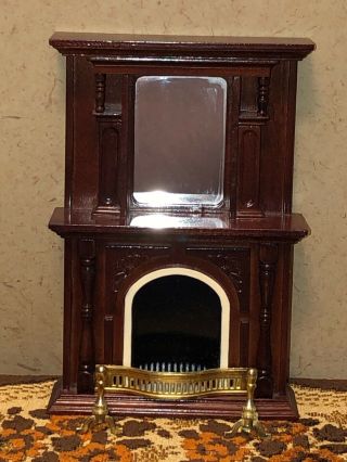 Vtg Fantastic Merchandise Dollhouse Miniature Fireplace Mantle Screen Andirons