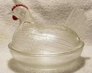 Vintage Indiana Glass Clear Hen On Nest Red Painted Comb & Wattle 7 " Orig