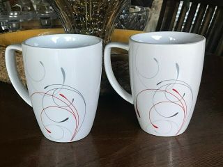 2 Corelle Coordinates Splendor Tea Coffee Mugs Cups Red & Gray Scrolls Euc