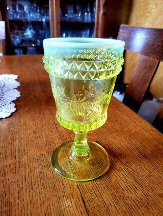 Antique Eapg Vaseline Glass Goblet,  " Wildflower " Adams & Co,  U S Glass 6 X 3 "