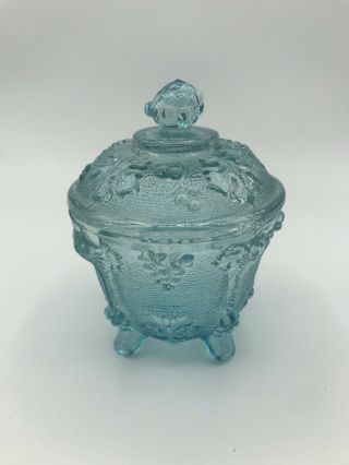 Vintage Jeanette Turquoise Aqua Blue Pressed Glass Grape Vine Footed Candy Dish