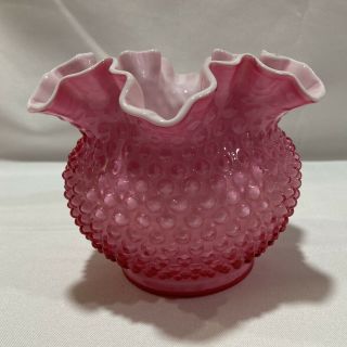 Fenton Glass Company Cranberry Pink Opalescent Hobnail Ruffled Top Vase 2