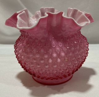 Fenton Glass Company Cranberry Pink Opalescent Hobnail Ruffled Top Vase 3