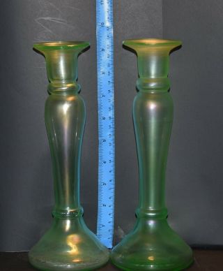 Rare Antique Blown Glass,  Pale Uranium Green Glass Candlesticks