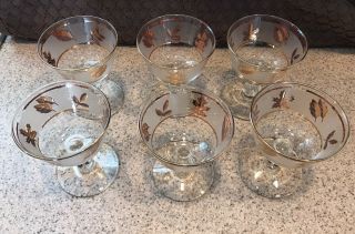 Set Of 6 Vintage Libbey Frosted Gold Leaf Foliage Champagne Stemware Glasses