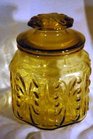 L E Smith Atterbury Scrolls Amber Glass Small Canister 6 1/2 "