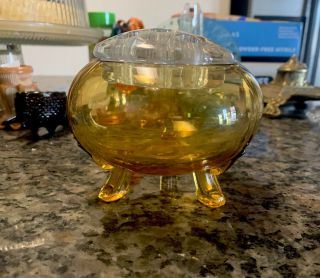 Viking Glass Mcm Amber Yellow Footed Bowl Flower Frog Vase