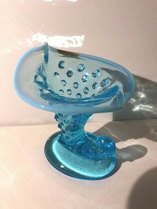 Rare Vintage Fenton Art Glass Blue Swirl Mini Horn Cornucopia Vase With Label