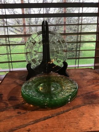 5 Vintage Green Vaseline Glass Anchor Hocking Block Optic 6 1/4” Bread Plates