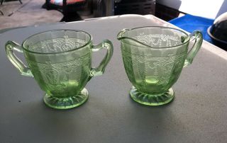 Green Vintage Depression Glass Cream And Sugar Set